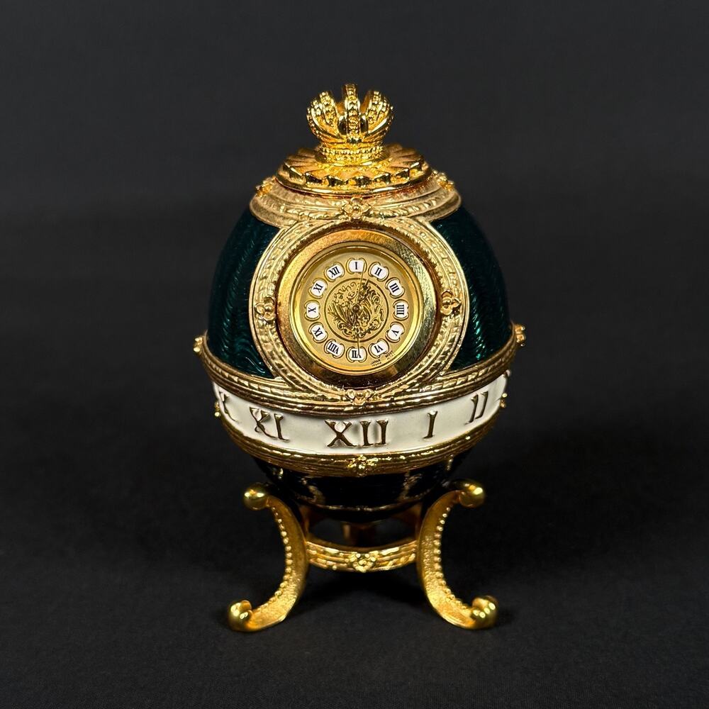 Joan Rivers Imperial Treasures Timepiece Clock Green Egg Enamel 3"